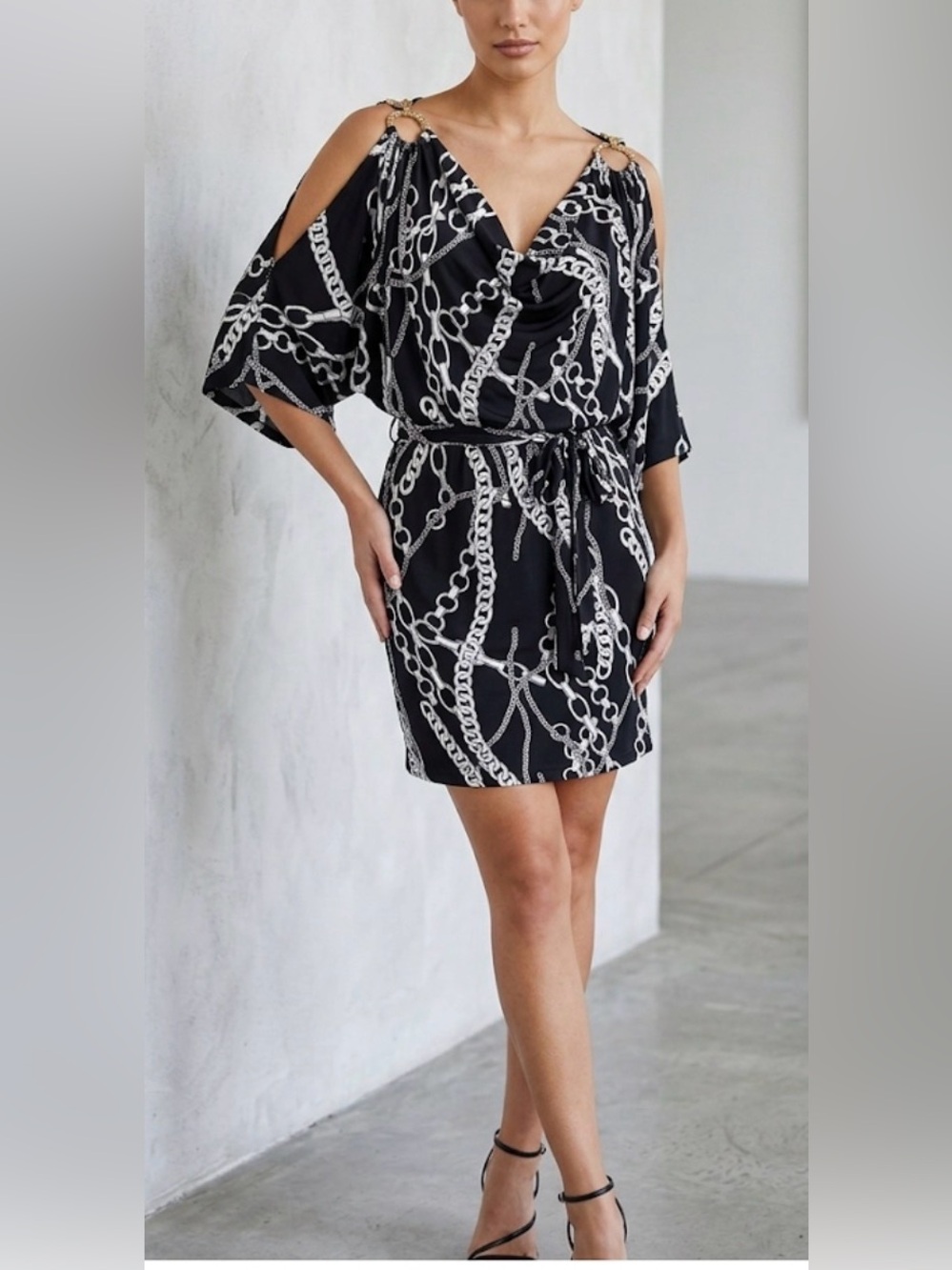 Cache Black & White Cold Shoulders Chain-Print Mini Dress W Gold Hardware Size M